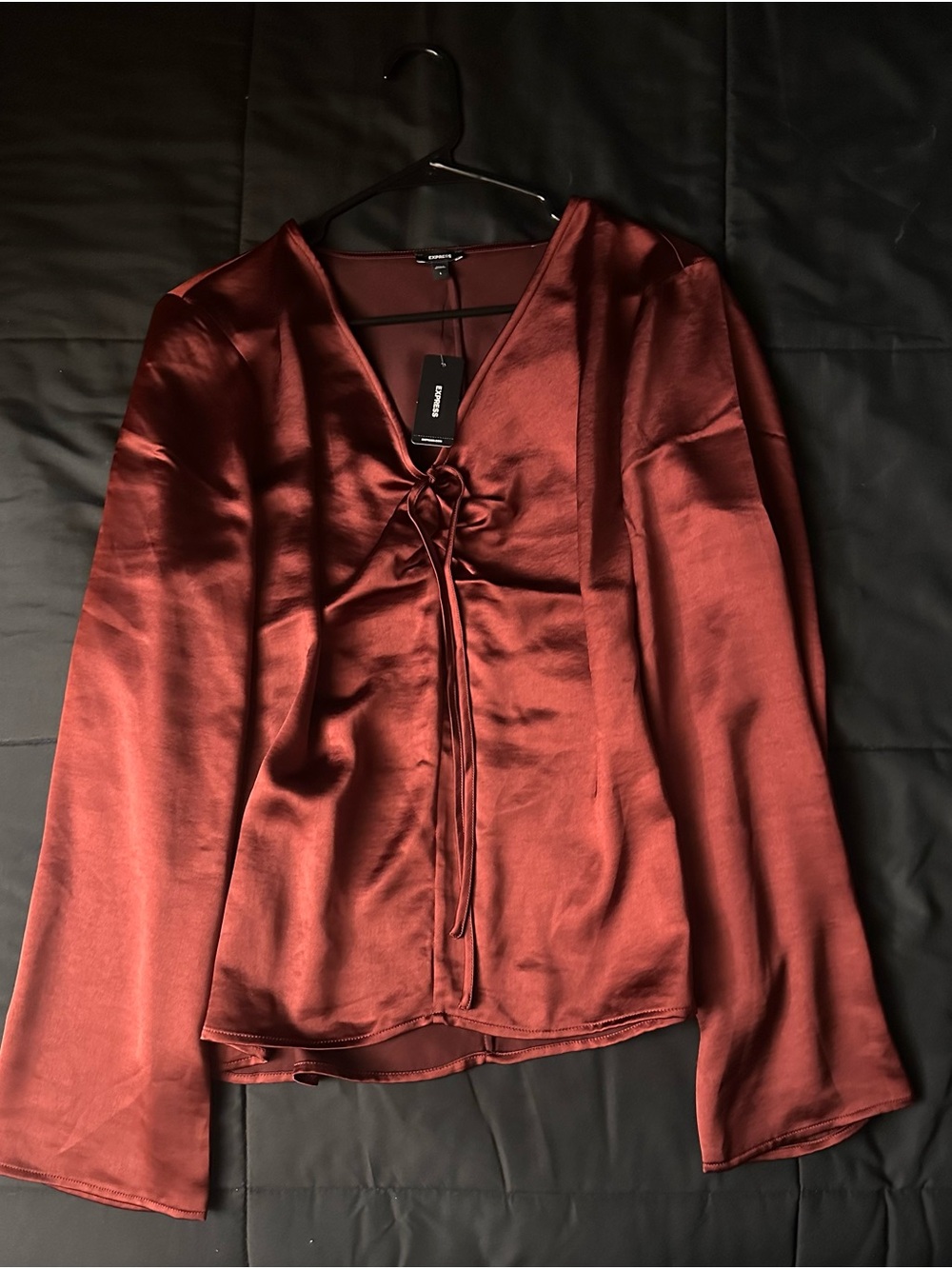 Express Satin Tie-Front Blouse in Rust Red